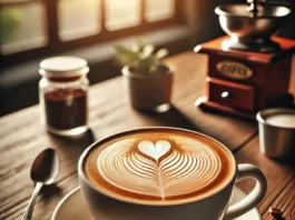 কফি a cup of coffee with a heart design on top