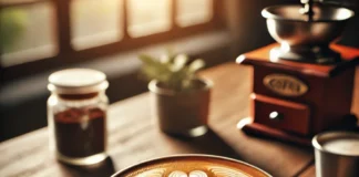 কফি a cup of coffee with a heart design on top
