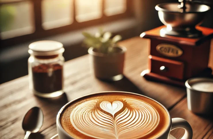 কফি a cup of coffee with a heart design on top